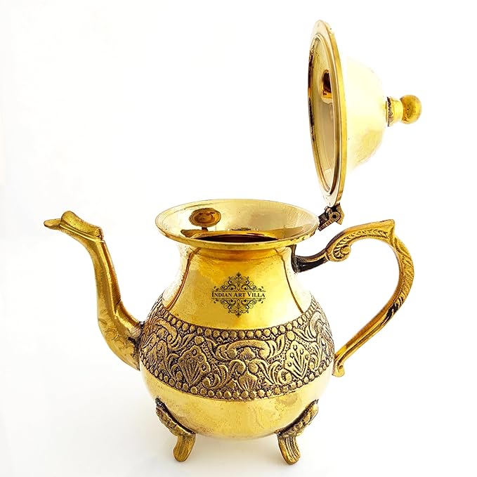 Indian Art Villa Golden Brass Embossed Mughlai Design Tea Pot - 800 gms