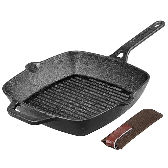 Vinod Legacy Pre Seasoned Cast Iron Grill Pan - 24 cm | Naturally Non Stick Loha Barbeque/Tandoor Grill Pan