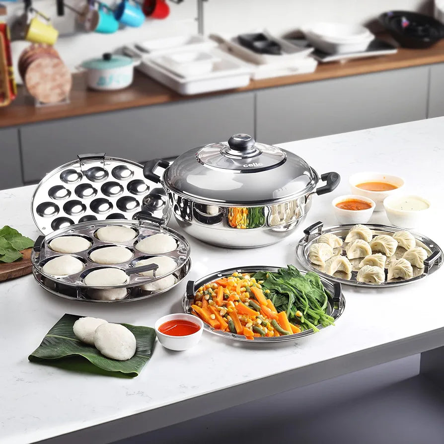 Cello Stainless Steel Induction Base Idli Cooker and Multi Kadhai Set of 6, Silver, 5 Liter | Compatible with Gas Stove & Induction | Ideal for Dhokla, Patra, Idli and Momos