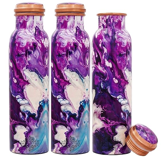 Indian Art Villa Pure Copper Printed Water Bottle With Purple Marble Design