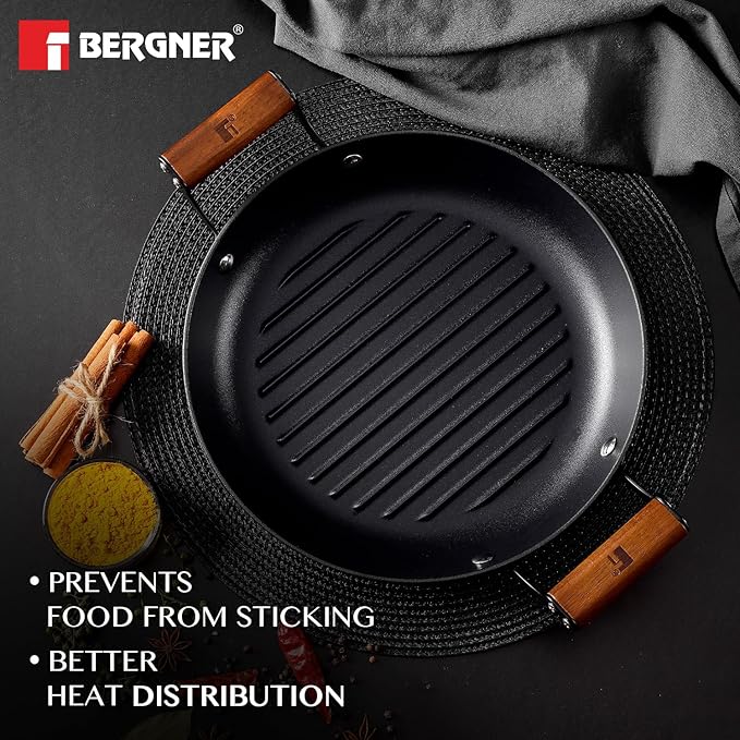 Bergner Odin 28 Cm Cast Iron Grill Plate, Round Grilled Plate With Wooden Coated Handle