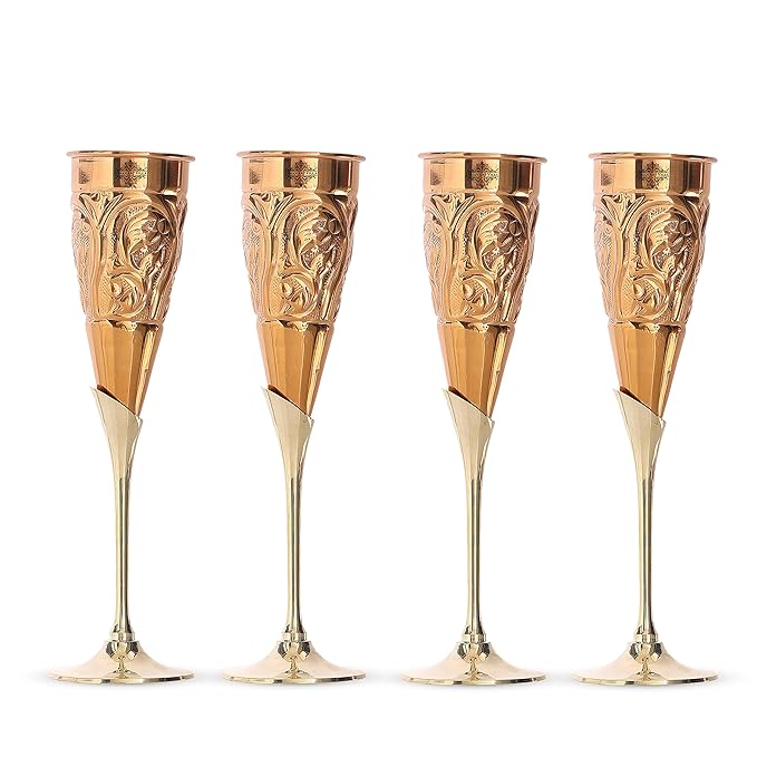 Indian Art Villa Copper Designer Champagne Wine Flute Glass For Bar 200 ml (Pack of 4)