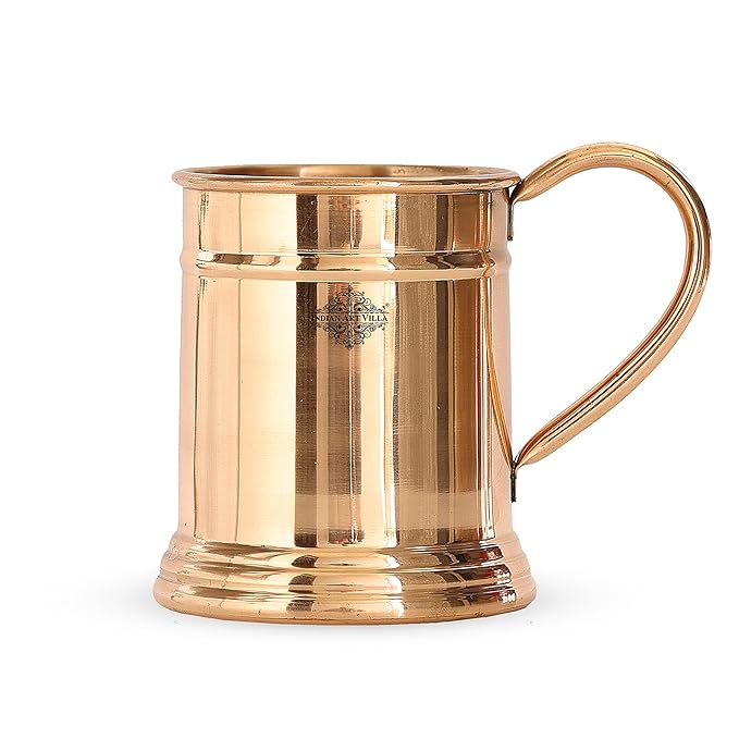 Indian Art Villa Pure Copper Tankard Shaped Mirror Line Design Moscow Mule Beer Mug Cup Volume | 600 ml (pack of 2)