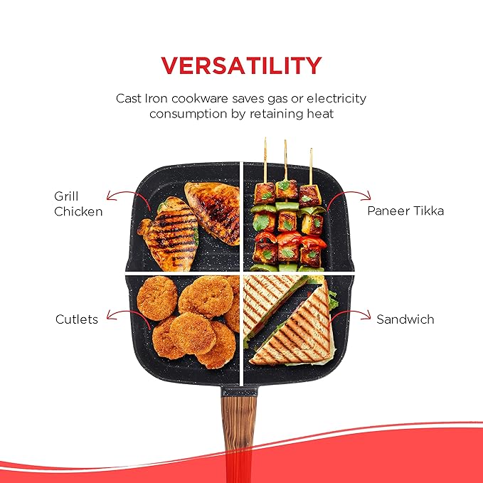 Vinod Zest Plus Die Cast Aluminium Grill Pan - 24 cm | Barbeque / Tandoori | 5mm Thick | 5 layer Coating| Wooden Finish Handle