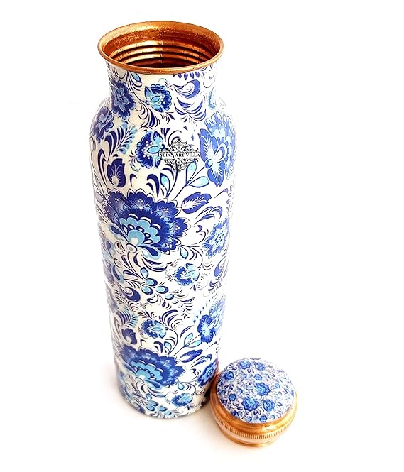 Indian Art Villa Pure Copper Printed Water Bottle with White Blue Floral Design