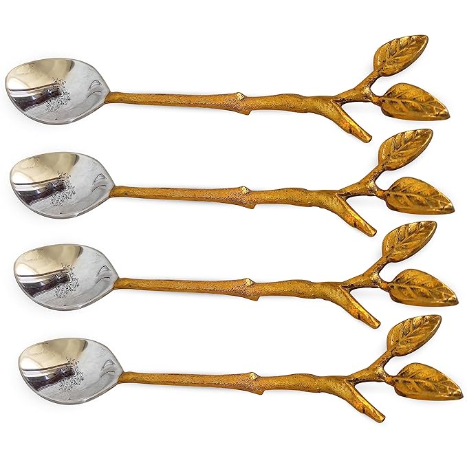 Indian Art Villa Steel Brass Spoon With Antique Leaf Design - 6 Inch Length