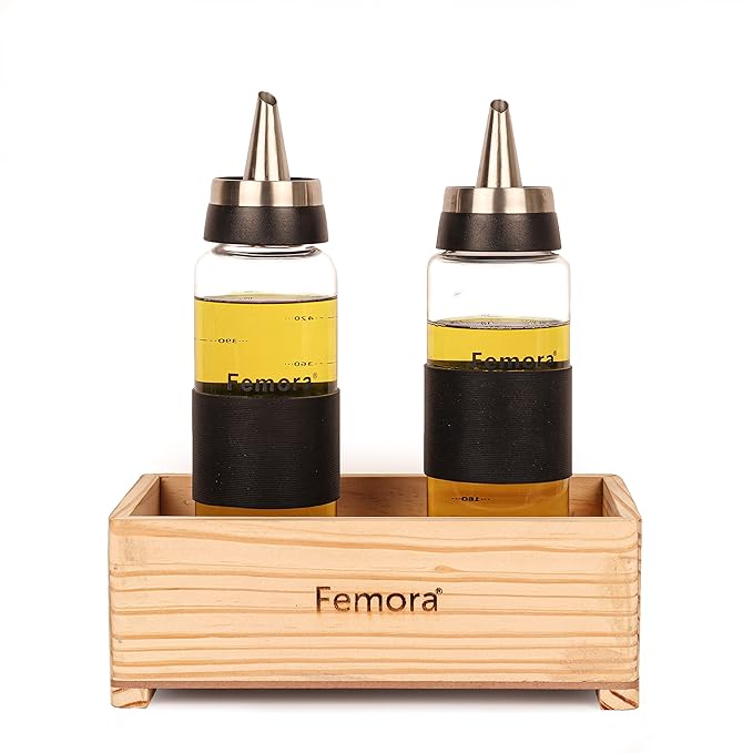 Femora Borosilicate Glass Oil Bottle | 500 Ml | 2 Pieces With Wooden Tray for Kitchen