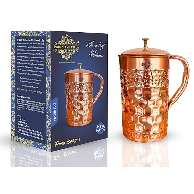 Indian Art Villa Pure Copper Jug Pitcher with Diamond Hammered Beeding Design Volume - 1500 ml