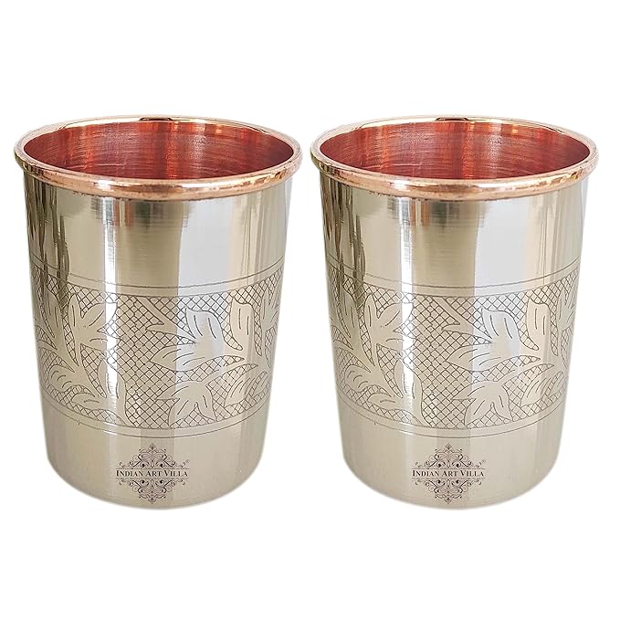 Indian Art Villa Steel Copper Glass Tumbler Embossed Design