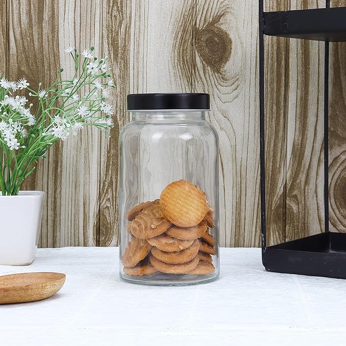 Femora Kitchen Storage Jars Clear Glass Jar With Steel Lid Air Tight Jar | 1500 Ml | Pack of 4 | Black Lid