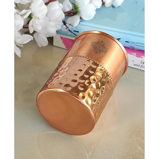 Indian Art Villa Pure Copper Glass With Half Lacquer Hammer Design Tumbler Cup (Pack of 6)