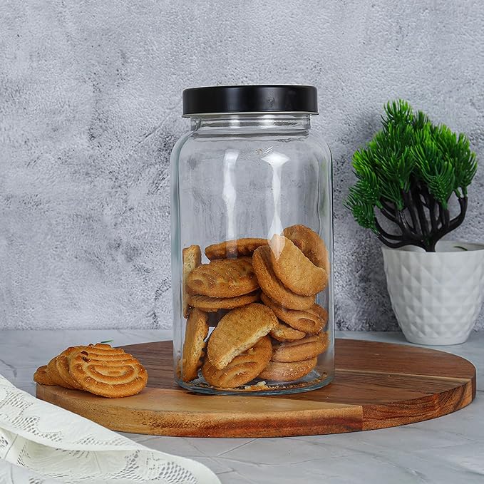 Femora Kitchen Storage Jars Clear Glass Jar With Steel Lid Air Tight Jar | 1500 Ml | Pack of 4 | Black Lid