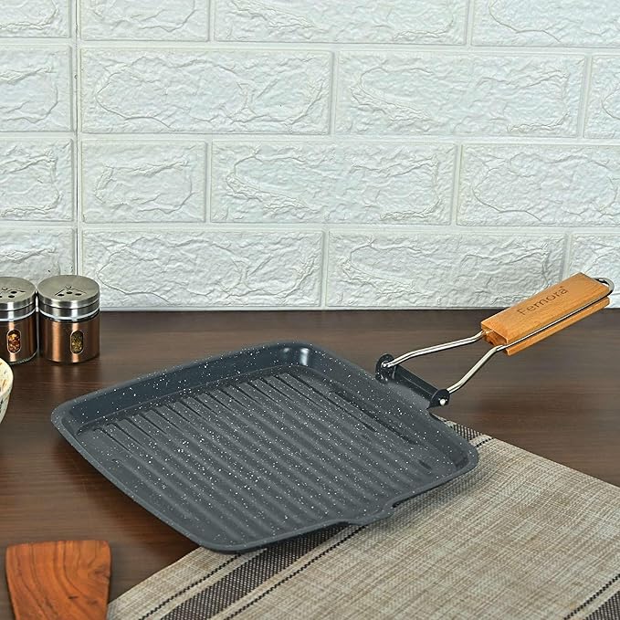 Femora Carbon Steel Non-stick Square Grillpan With Folding Wooden Handle | 3 Layer Non-stick Coating Pan | Black | 24 Cm