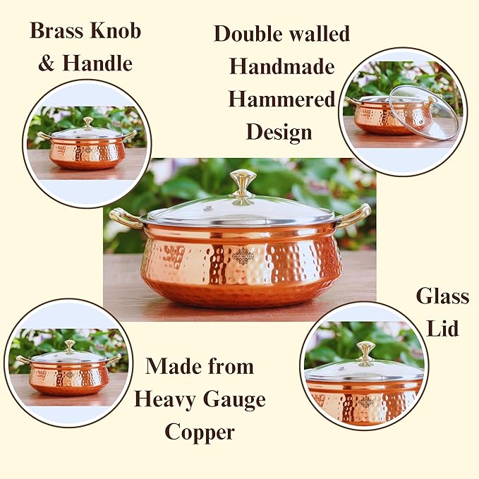 Indian Art Villa Steel Copper Hammered Design Handi casserole With Glass Lid