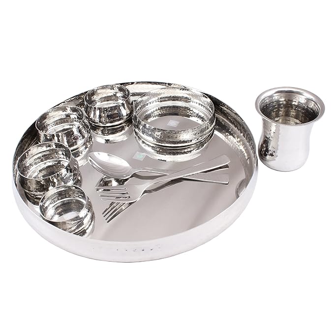 Indian Art Villa Stainless Steel Curved Dinner Set/Thali Set of 1 Plate, 1 Small Plate 3 Bowl, 1 Small Bowl, 1 Glass, 1 Spoon & 1 Fork (9 Pieces)