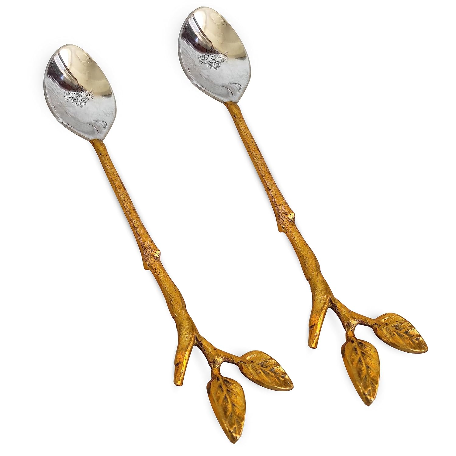 Indian Art Villa Steel Brass Spoon With Antique Leaf Design - 6 Inch Length