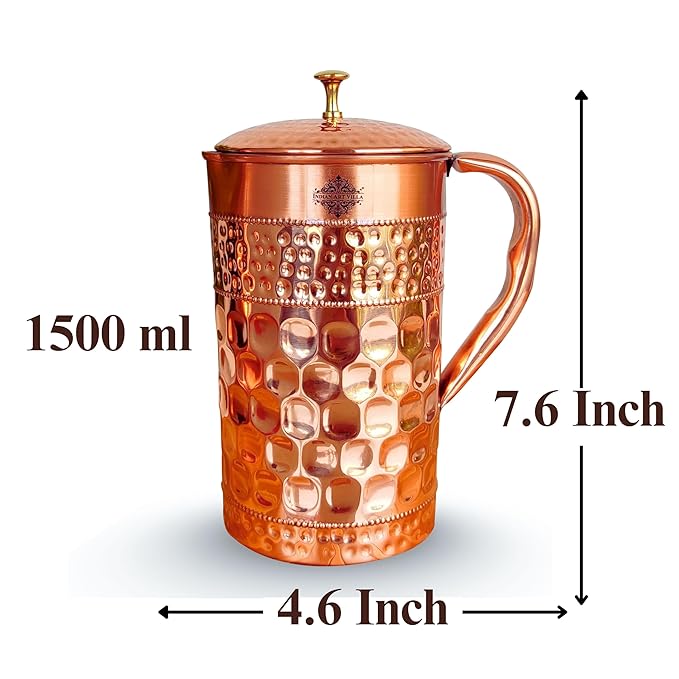 Indian Art Villa Pure Copper Jug Pitcher with Diamond Hammered Beeding Design Volume - 1500 ml