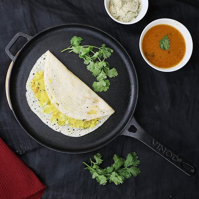 Vinod Legacy Pre Seasoned Cast Iron Flat Roti Tawa with Handle - 28 cm