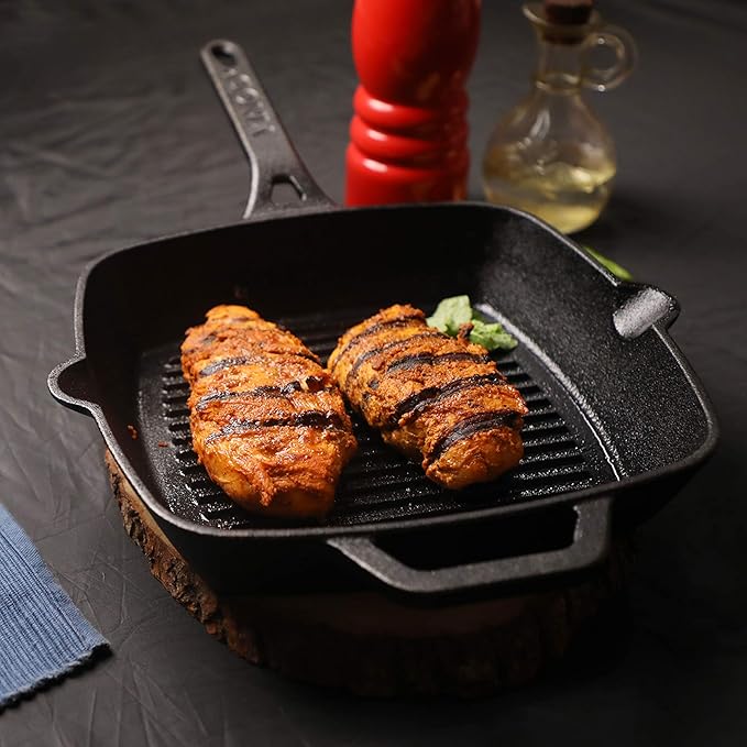 Vinod Legacy Pre Seasoned Cast Iron Grill Pan - 24 cm | Naturally Non Stick Loha Barbeque/Tandoor Grill Pan