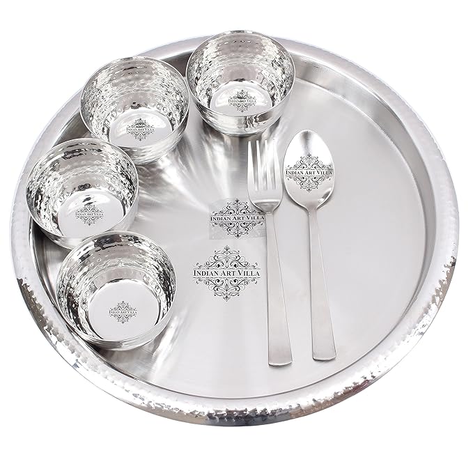 Indianartvilla Stainless Steel Thali Dinner Set Gift Item 7 Pieces - 1128 gms