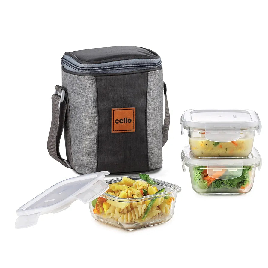 CELLO Glassy Square Lunch Box Set of 3, , Clear | Microwavable Toughened Glass | Leak Proof Design | Tiffin for Office/School/College