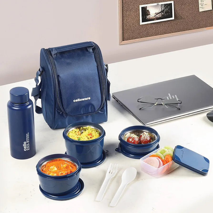 CELLO MF All in One Lunch Box Set of 5 with Bag, Blue | 3 Microwave Safe Inner Steel Containers , 1 Pickle Box and 1 Steel Bottle | Air Tight Leakproof Tiffin Box Set for Office