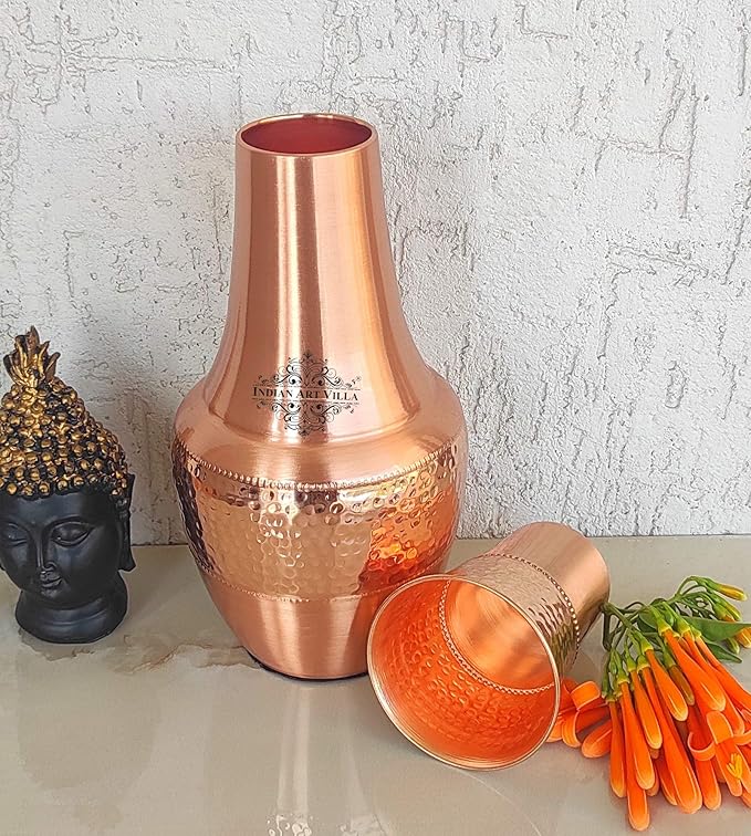 Indian Art Villa Pure Copper Printed Drinkware With Ayurvedic Health Benefits Inbuilt Glass