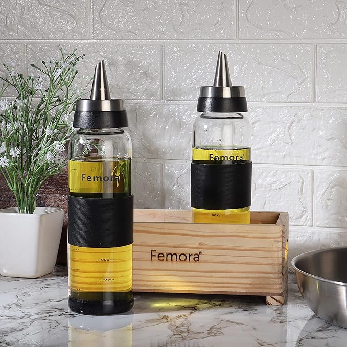 Femora Borosilicate Glass Oil Bottle | 500 Ml | 2 Pieces With Wooden Tray for Kitchen