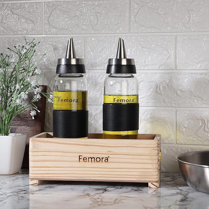 Femora Borosilicate Glass Oil Bottle | 500 Ml | 2 Pieces With Wooden Tray for Kitchen