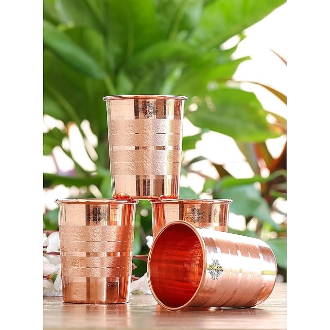 Indian Art Villa Pure Copper Plain Glass With Luxury Design Drinking Serving Water (Pack of 4)