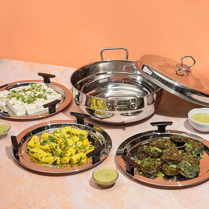 Vinod Stainless Steel Multi Kadai with 5 Plates - 26cm | 2 Idli, 2 Dhokla/Momos and 1 Patra Plates | Dhokla and Momos Steamer/Maker