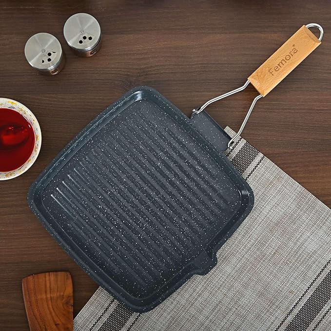 Femora Carbon Steel Non-stick Square Grillpan With Folding Wooden Handle | 3 Layer Non-stick Coating Pan | Black | 24 Cm