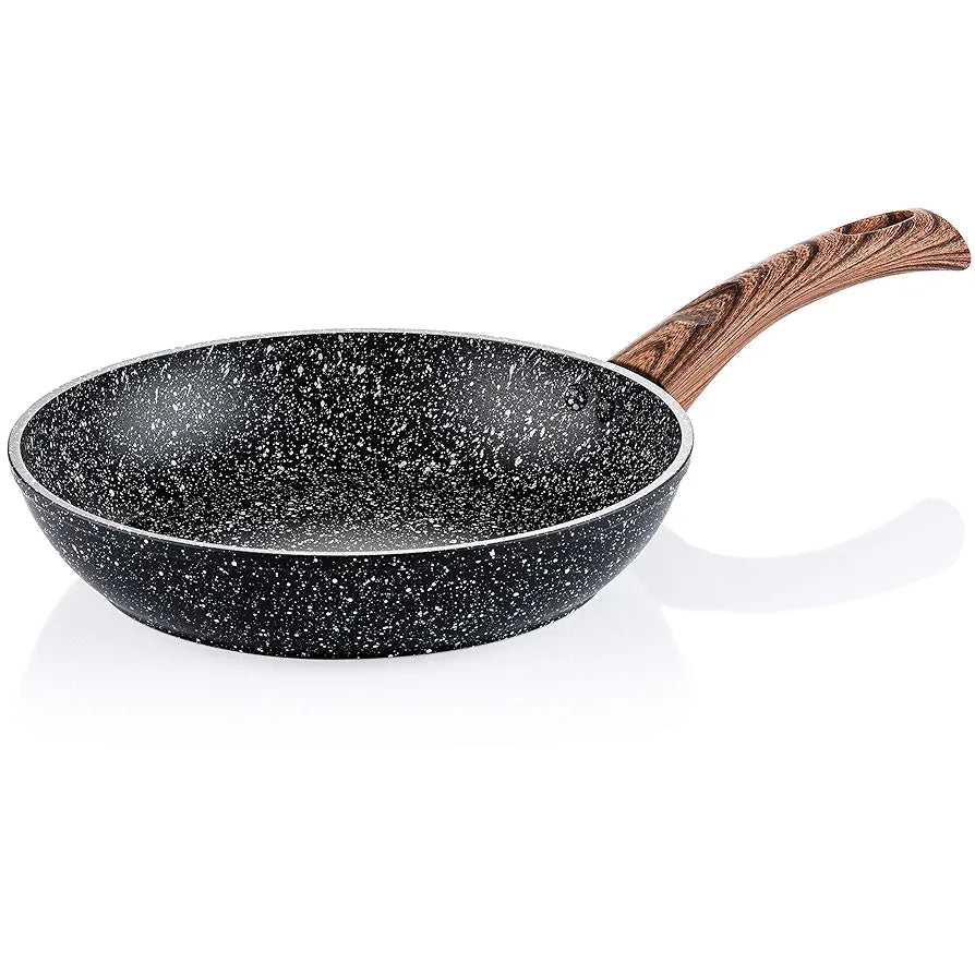 Westinghouse Black Marble Series Frying Pan 24 cm with Marble Coating 3-Layer Forged Aluminium, Induction Friendly, Wood Effect Silicone Handle, Dishwasher Safe, Black
