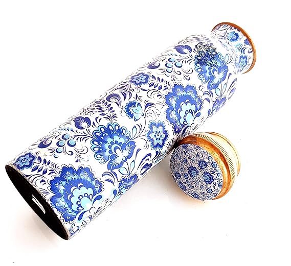 Indian Art Villa Pure Copper Printed Water Bottle with White Blue Floral Design