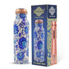 Indian Art Villa Pure Copper Printed Water Bottle with White Blue Floral Design