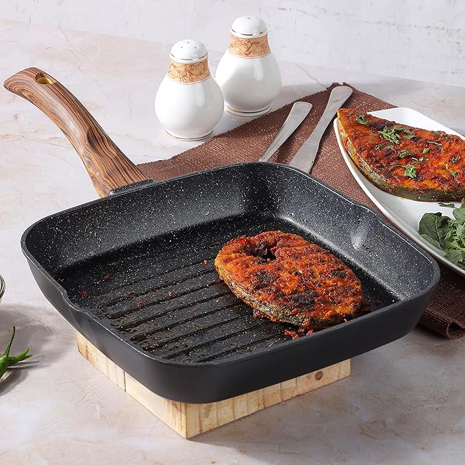 Vinod Zest Plus Die Cast Aluminium Grill Pan - 24 cm | Barbeque / Tandoori | 5mm Thick | 5 layer Coating| Wooden Finish Handle