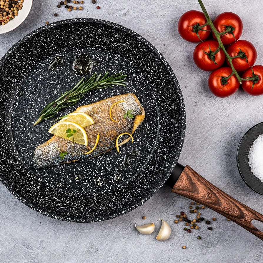 Westinghouse Black Marble Series Frying Pan 24 cm with Marble Coating 3-Layer Forged Aluminium, Induction Friendly, Wood Effect Silicone Handle, Dishwasher Safe, Black