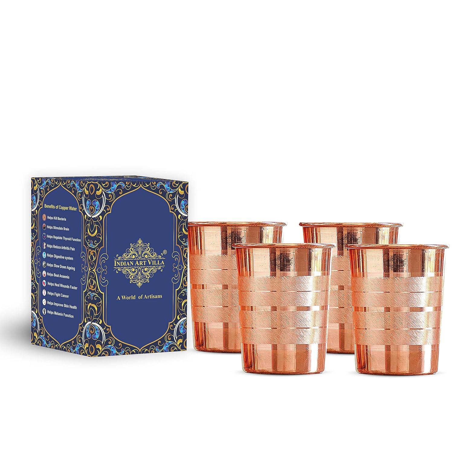 Indian Art Villa Pure Copper Plain Glass With Luxury Design Drinking Serving Water (Pack of 4)