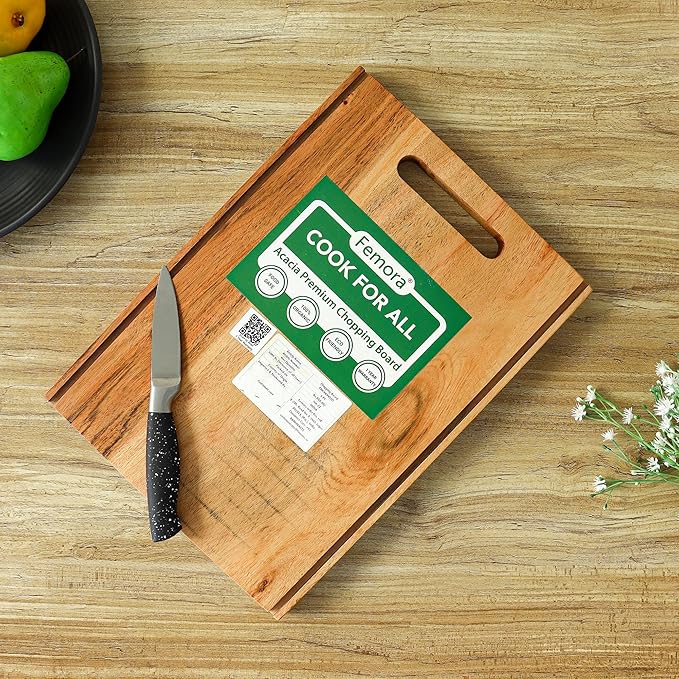 Femora Vegetable Acacia Wood Chopping Board Anti Bacterial Seasoned With Organic Mineral Oil Thick Wooden Cutting Board | 34.20 X 24 Cm