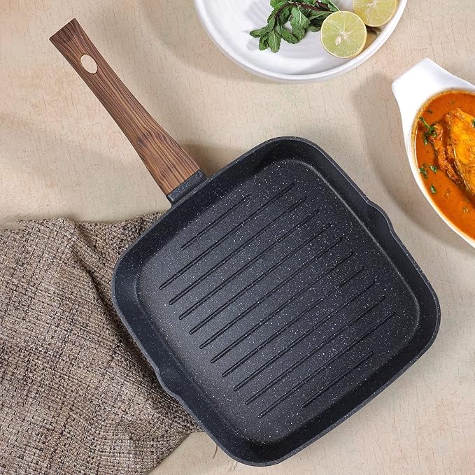 Vinod Zest Plus Die Cast Aluminium Grill Pan - 24 cm | Barbeque / Tandoori | 5mm Thick | 5 layer Coating| Wooden Finish Handle