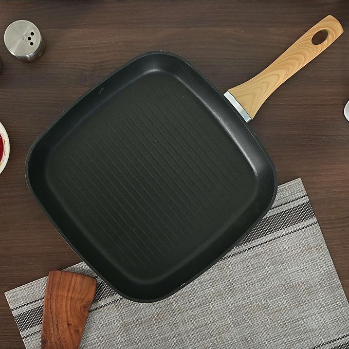 Femora Foged Die Cast Aluminium Non Stick 28 Cm Square Grillpan With Wood Finish Handle | Granite Finish | Induction & Gas Ready