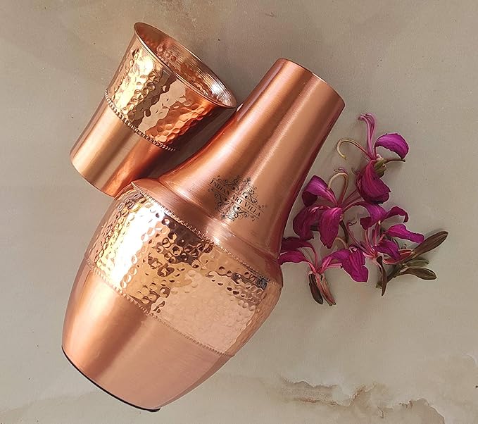 Indian Art Villa Pure Copper Printed Drinkware With Ayurvedic Health Benefits Inbuilt Glass