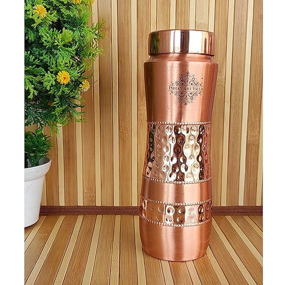 Indian Art Villa Pure Copper Water Bottle With Half Lacquer Hammered Champion Design