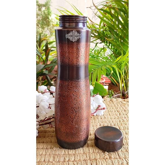 Indian Art Villa Antique Dark Finish Dark Embossed Copper Water Bottle