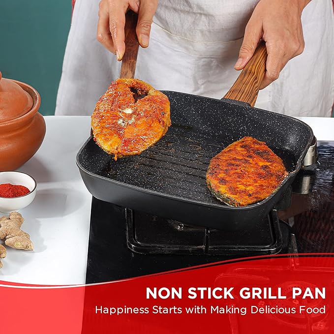 Vinod Zest Plus Die Cast Aluminium Grill Pan - 24 cm | Barbeque / Tandoori | 5mm Thick | 5 layer Coating| Wooden Finish Handle