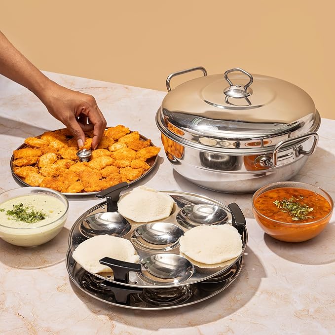 Vinod Stainless Steel Deluxe Multi Kadai with 6 Plates - 26cm, 2 Idli, 2 Dhokla,1 Patra and 1 Mini Idli Plate | Dhokla and Momos Steamer/Maker