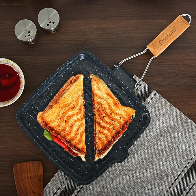 Femora Carbon Steel Non-stick Square Grillpan With Folding Wooden Handle | 3 Layer Non-stick Coating Pan | Black | 24 Cm