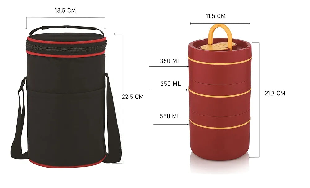 CDM SOLITAIRE Insulated Stainless Steel Lunch Box 3 Round Containers 350 ml, 350 ml & 550 ml 1 Foldable Spoon | Microwave Safe, Air Tight | Hot Lunch Box