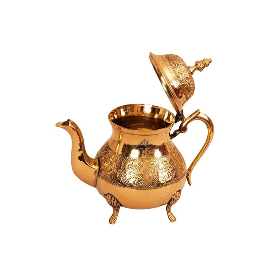 Indian Art Villa Leaf Design Brass Mughlai Tea Pot with Lid | 750 ml, Gold