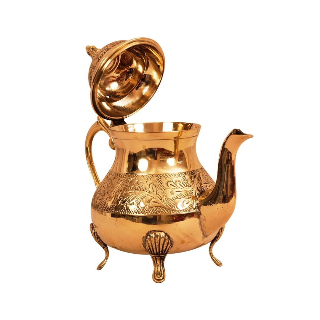 Indian Art Villa Leaf Design Brass Mughlai Tea Pot with Lid | 750 ml, Gold